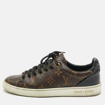 Pre Owned Louis Vuitton Brown/Black Monogram Canvas and Patent Leather Frontrow Sneakers Size 36