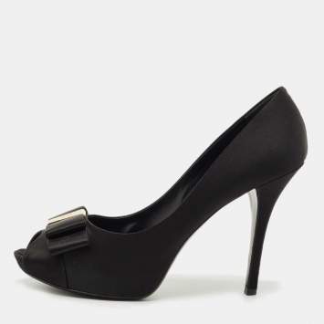 Pre Owned Louis Vuitton Black Satin Bow Peep Toe Pumps Size 40.5