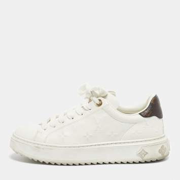 Pre Owned Louis Vuitton White/Brown Monogram Canvas and Leather Time Out Low Top Sneakers Size 37