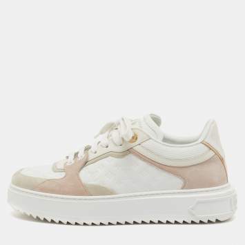 Pre Owned Louis Vuitton White/Beige Monogram Embossed Leather and Suede Time Out Sneakers Size 38