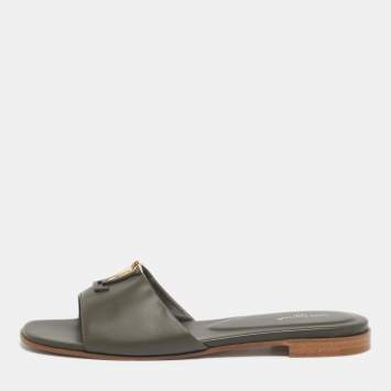 Pre Owned Louis Vuitton Green Leather LV Mare Flat Slide Size 37