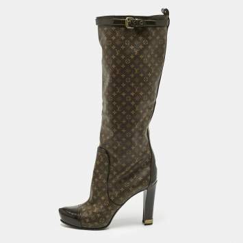 Pre Owned Louis Vuitton Brown Monogram Canvas and Patent Idole Knee Length Boots Size 37.5