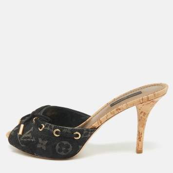 Pre Owned Louis Vuitton Black Monogram Denim Mules Size 37