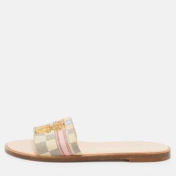 Pre Owned Louis Vuitton Monogram Coated Canvas Lock It Flat Slides Size 37