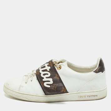 Pre Owned Louis Vuitton White/Brown Monogram Canvas and Leather Frontrow Lace Up Sneakers Size 38.5