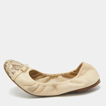 Pre Owned Louis Vuitton Beige Leather And Python Cap Toe Scrunch Ballet Flats Size 38