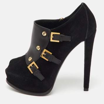 Pre Owned Louis Vuitton Black Suede and Leather Peep Toe Platform Booties Size 36