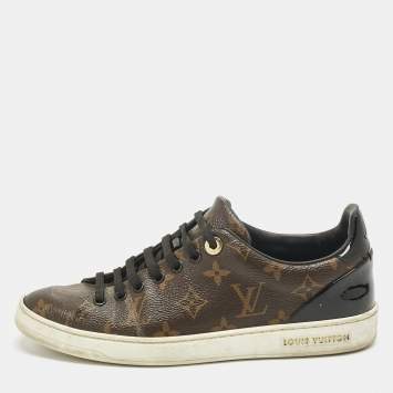 Pre Owned Louis Vuitton Brown/Black Monogram Canvas and  Leather Frontrow Sneakers Size 37.5