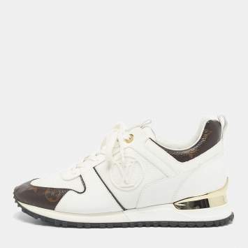 Pre Owned Louis Vuitton White/Brown Monogram Canvas And Leather Runaway Lace Up Sneakers Size 38.5