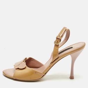Pre Owned Louis Vuitton Beige Patent Leather Logo Slingback Sandals Size 36.5
