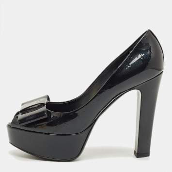 Pre Owned Louis Vuitton Black Monogram Patent Leather Bow Platform Pumps Size 38