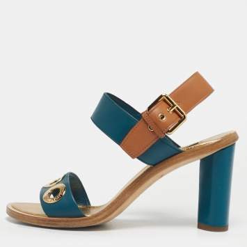 Pre Owned Louis Vuitton Green/Brown Leather Lounger Ankle Strap Open Toe Sandals Size 39.5