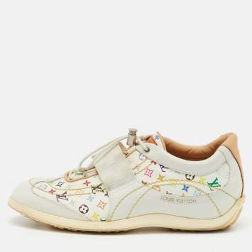 Pre Owned Louis Vuitton White Leather and Multicolor Monogram Canvas Lace Up Sneakers Size 38.5