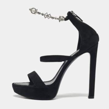 Pre Owned Louis Vuitton Black Suede Ankle Strap Platform Sandals Size 38