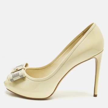 Pre Owned Louis Vuitton Cream Patent Damier Azur Valentine Peep Toe Pumps Size 40