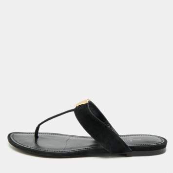 Pre Owned Louis Vuitton Size 38 Black Suede Thong Flat Sandals