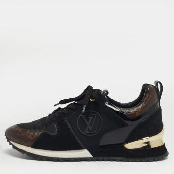 Pre Owned Louis Vuitton Run Away Size 38.5 Black Monogram Canvas, Fabric and Suede Sneakers