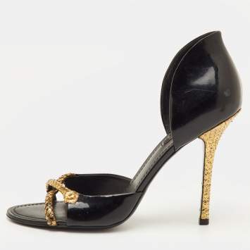 Pre Owned Louis Vuitton Size 40 Black/Gold Patent Leather and Snakeskin Open Toe Slide Sandals