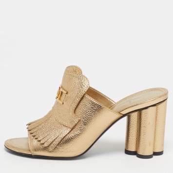 Pre Owned Louis Vuitton Size 37.5 Gold Leather Fringes Slide Sandals