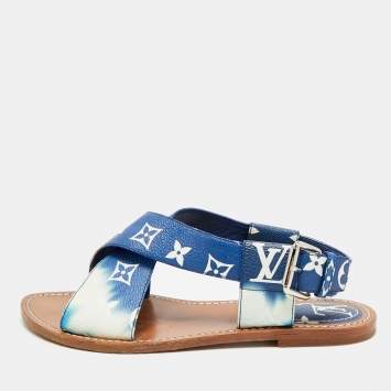 Pre Owned Louis Vuitton Size 37.5 Blue Monogram Coated Canvas Slingback 