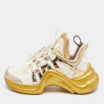 Pre Owned Louis Vuitton Archlight Size 39 White/Gold Leather and Mesh High Top Sneakers