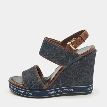Pre Owned Louis Vuitton Size 37.5 Navy Blue Denim and Leather Wedge Slingback Sandals
