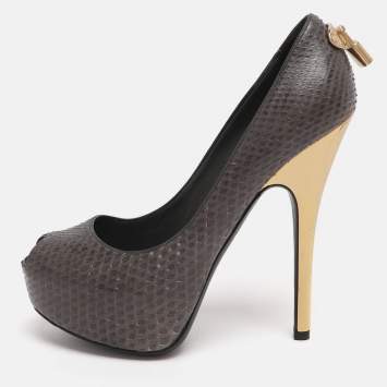 Pre Owned Louis Vuitton Oh Really! Size 37 Grey Python Leather Peep Toe Pumps