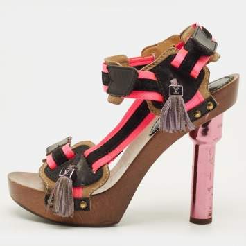 Pre Owned Louis Vuitton Size 39 Multicolor Leather and Suede Tassels Fringe Ankle Strap Sandals