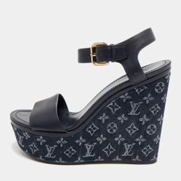 Pre Owned Louis Vuitton Waterfall Size 39.5 Navy Blue Leather and Monogram Denim Wedge Sandals