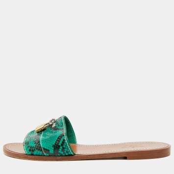 Pre Owned Louis Vuitton Lock It Size 38 Green/Black Python Leather Dubai Exclusive Flat Slide Sandals