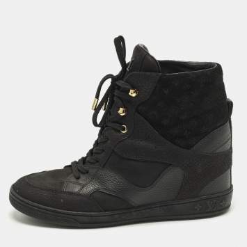 Pre Owned Louis Vuitton Cliff Size 38.5 Black Monogram Suede and Leather High Top Sneakers