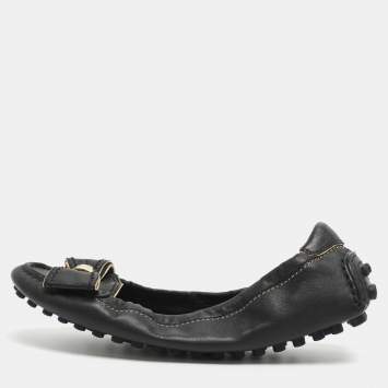 Pre Owned Louis Vuitton Bow Size 34.5 Black Leather Scrunch Ballet Flats