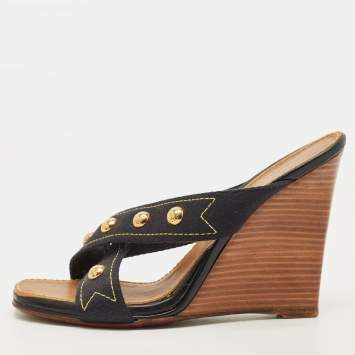 Pre Owned Louis Vuitton Size 39.5 Navy Blue Studded Canvas Cross Strap Wedge Sandals