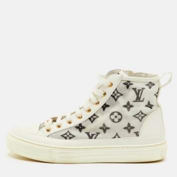 Pre Owned Louis Vuitton Stellar Size 37.5 White Leather and Monogram Mesh High Top Sneakers