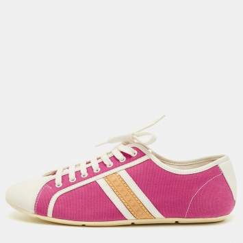 Pre Owned Louis Vuitton Size 38  Magenta/White Canvas and Leather Lace Up Sneakers