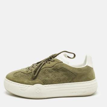 Pre Owned Louis Vuitton Groovy Size 39 Green Monogram Suede Low Top Platform Sneakers