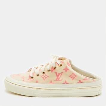 مملوكة مسبقًا Louis Vuitton Stellar Size 39 White/Pink Monogram Mesh and Leather Lace Up Mule Sneakers
