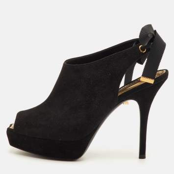 Pre Owned Louis Vuitton Size 35.5 Black Suede Peep Toe Platform Sandals
