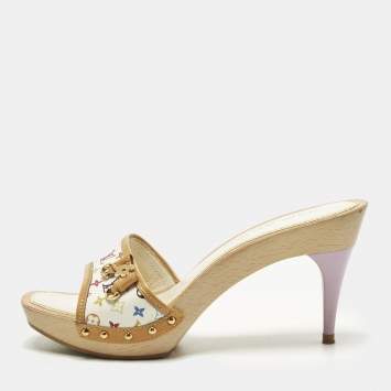 Pre Owned Louis Vuitton Charm Size 39 Multicolor Monogram Canvas and Patent Leather Wooden Slide Sandals