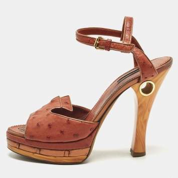 مملوكة مسبقًا صندل لوي فيتون سير كاحل جلد نعام أزرق مقاس 37