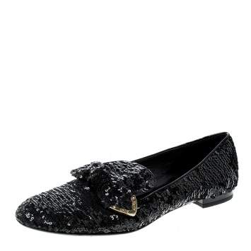 Pre Owned Louis Vuitton Black Sequins Amulet Bow Detail Smoking Slippers Size 37.5