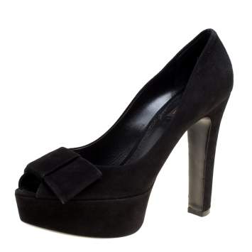 Pre Owned Louis Vuitton Black Suede Peep Toe Bow Detail Platform Pumps Size 39.5