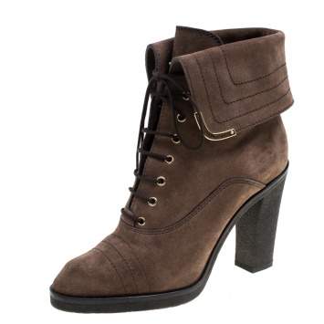 Pre Owned Louis Vuitton Brown Suede Lace Up Ankle Boots Size 38
