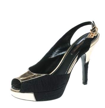 Pre Owned Louis Vuitton Black Satin And Metallic Gold Leather Motard Piccadilly Peep Toe Platform Slingback Sandals Size 36 