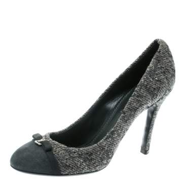 Pre Owned Louis Vuitton Grey Monogram Fabric With Suede Bow Cap Toe Pumps 37.5
