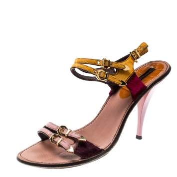 Pre Owned Louis Vuitton Multicolor Calf Hair Buckle Ankle Strap Sandals Size 38.5
