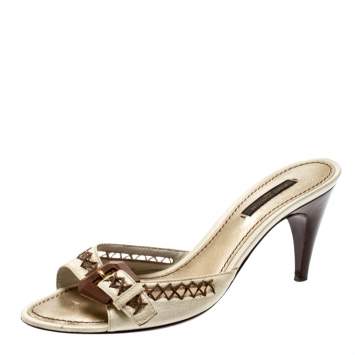 Pre Owned Louis Vuitton White Leather Buckle Kitten Heels Sandals Size 37.5