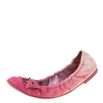 Pre Owned Louis Vuitton Pink Denim Buckle Scrunch Ballet Flats Size 37.5