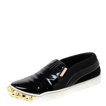 Pre Owned Louis Vuitton Black Patent Leather and Suede Studded Slip On Sneakers Size 36.5