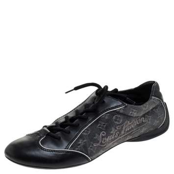 Pre Owned Louis Vuitton Black Monogram Denim and Leather Lace Tennis Sneakers Size 38.5